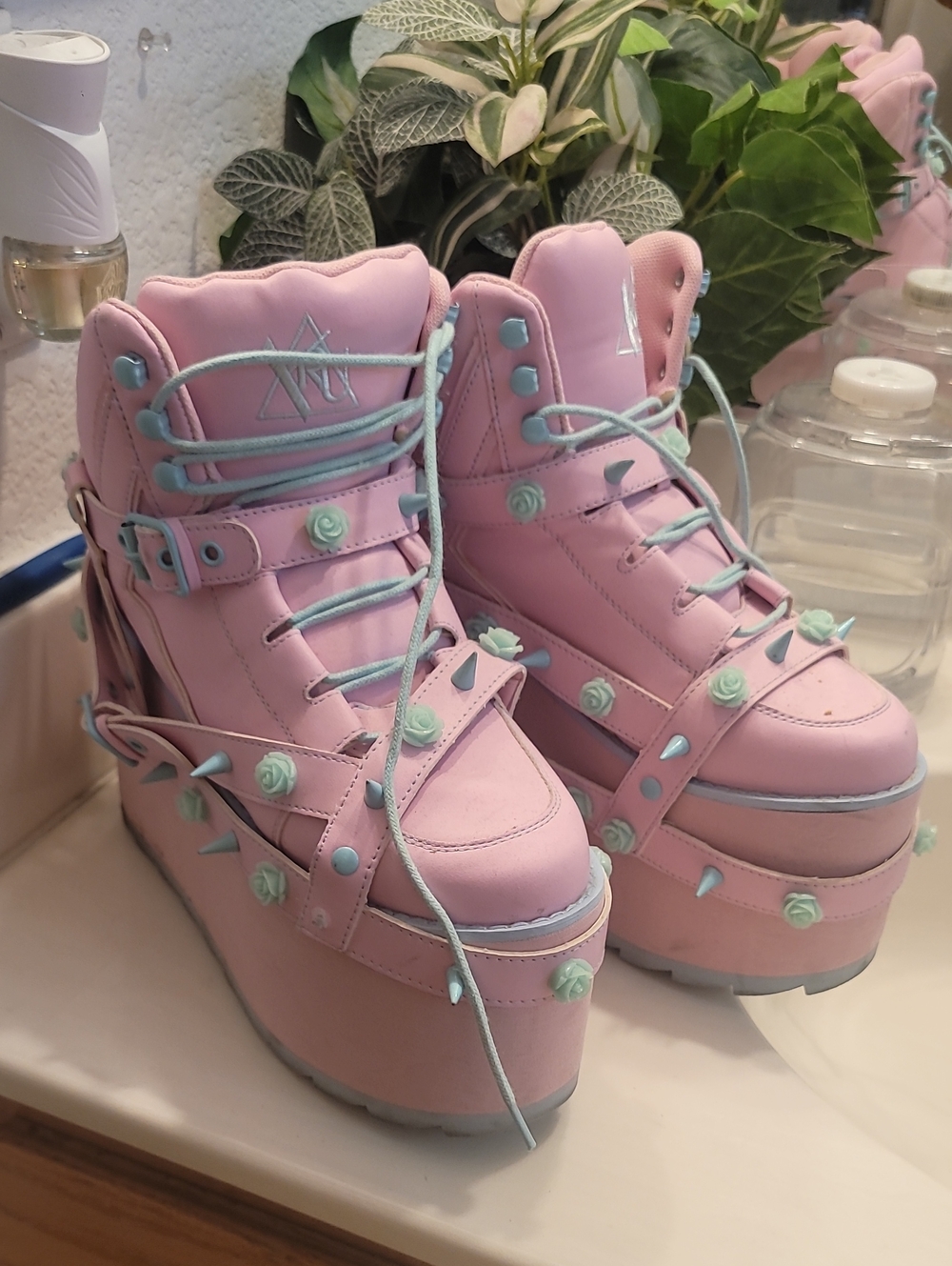 Dolls Kill Current Mood pastel pink platform boots with mint details, rose embel